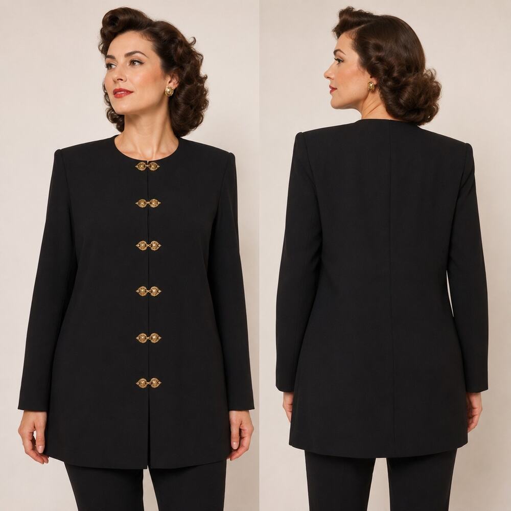 Vintage 90s Maggie Sweet 1X Blouse Jacket Black w/Gold Clasps Asian Inspired